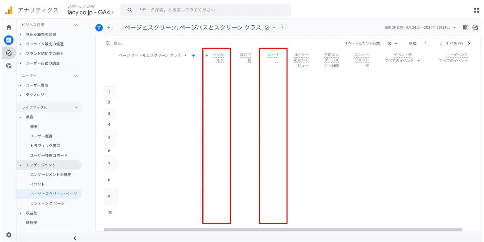 GA4の「レポート」>「エンゲージメント」>「ページとスクリーン」