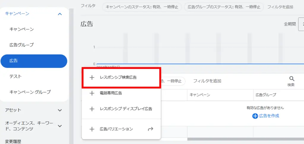 +ボタンからレスポンシブ検索広告をクリックします。