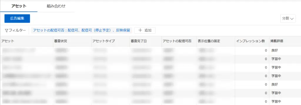 インプレッション数と掲載評価を確認することで、アセットごとの成果を把握できます。