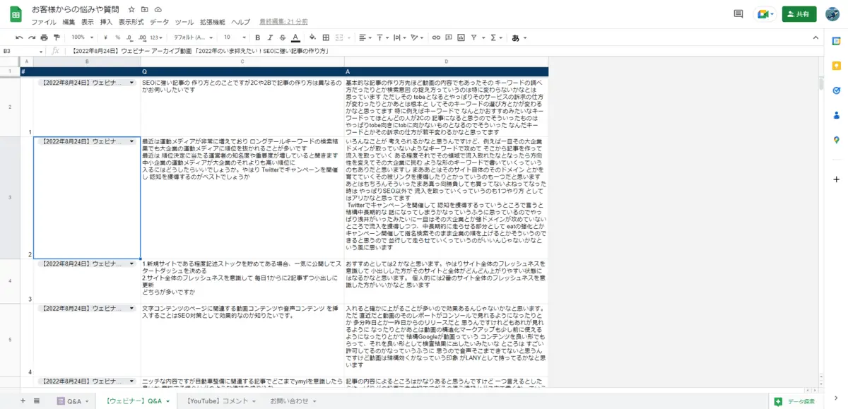 お客様からの悩みや質問をまとめたシート