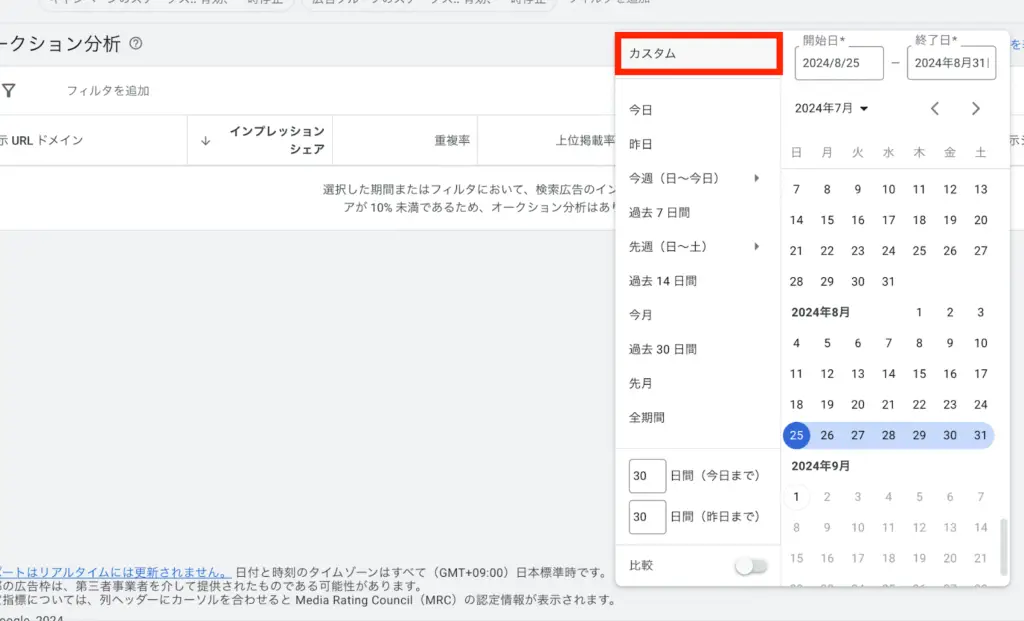 右上の「カスタム」で期間を指定できるため、必要に応じて変更