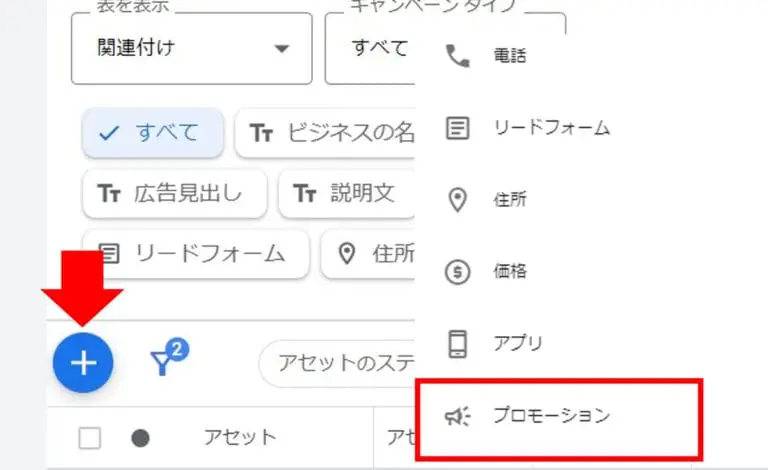 広告アセット一覧より、「プロモーション表示オプション」をクリック